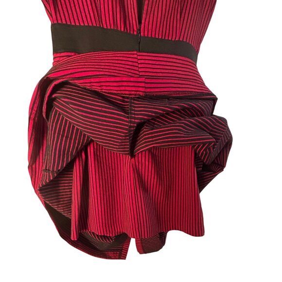 Eva Mendes Red Black Striped Fit & Flare Sleeveless Dress M Cowl Neck Belted - Picture 10 of 12